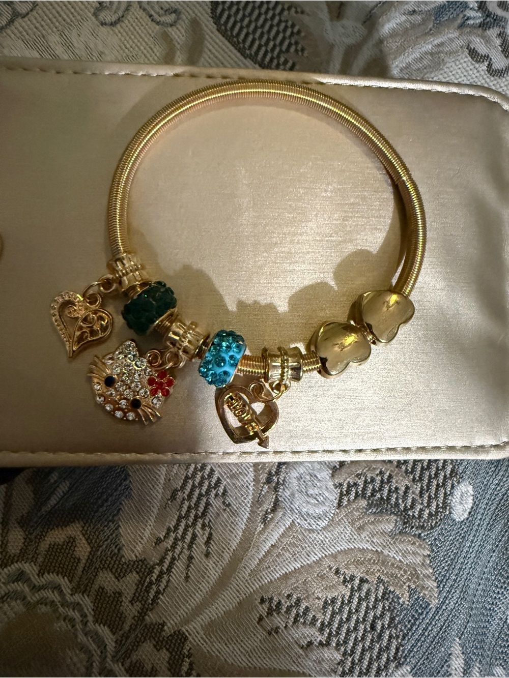 Hello Kitty Style Gold Tone Rhinestone Charm Bracelet